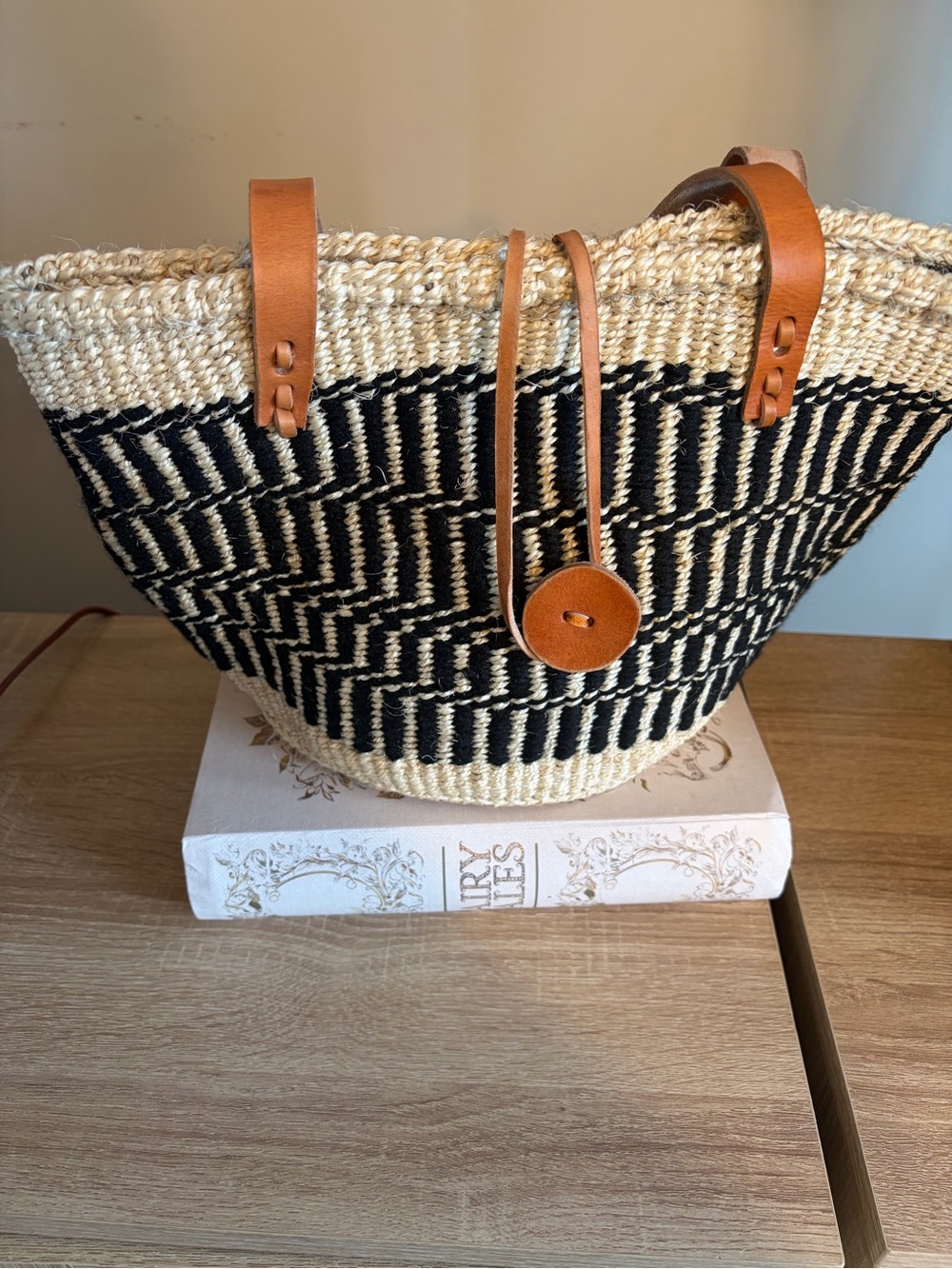 Black & Natural Woven Straw Hobo with Tan Leather Trim